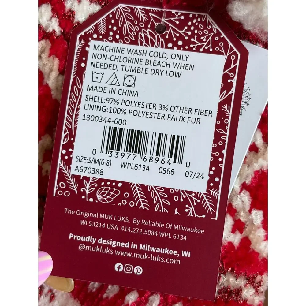 NWT Muk Lucks Women's 2 Pair Pack Chenille Cabin Socks (Red/White)- S/M
